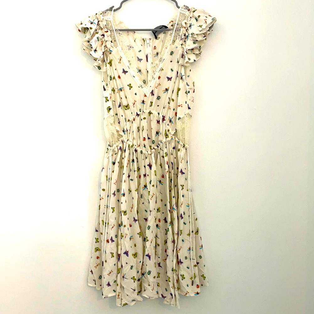 The Kooples silk dress, white with butterflies, sz Small.